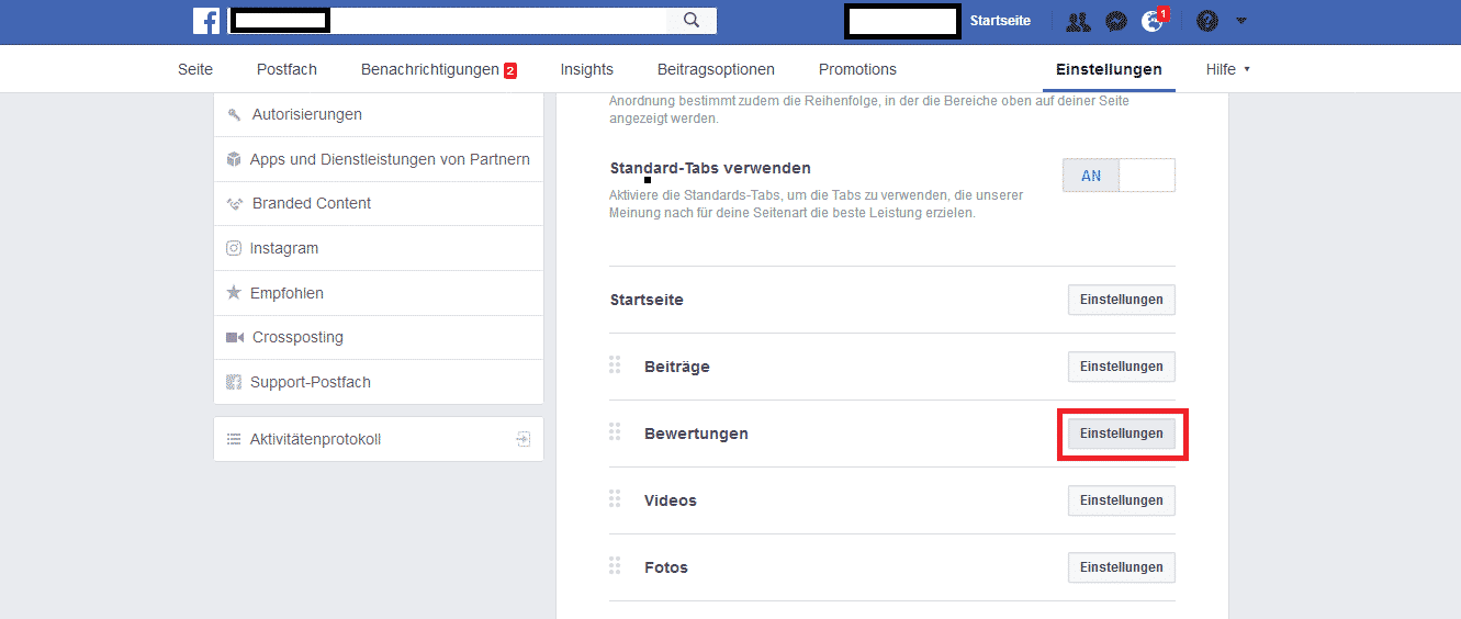 Facebook Bewertungen aktivieren