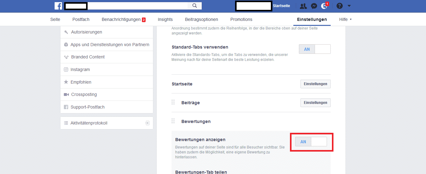 Facebook Bewertungen aktivieren